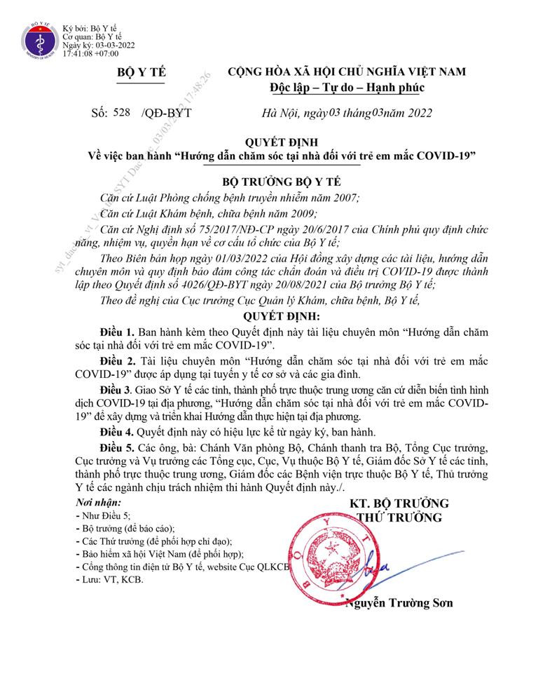 Quyết định của Bộ trưởng Bộ Y tế về việc ban hành "Hướng dẫn chăm sóc tại nhà đối với trẻ em mắc COVID-19"