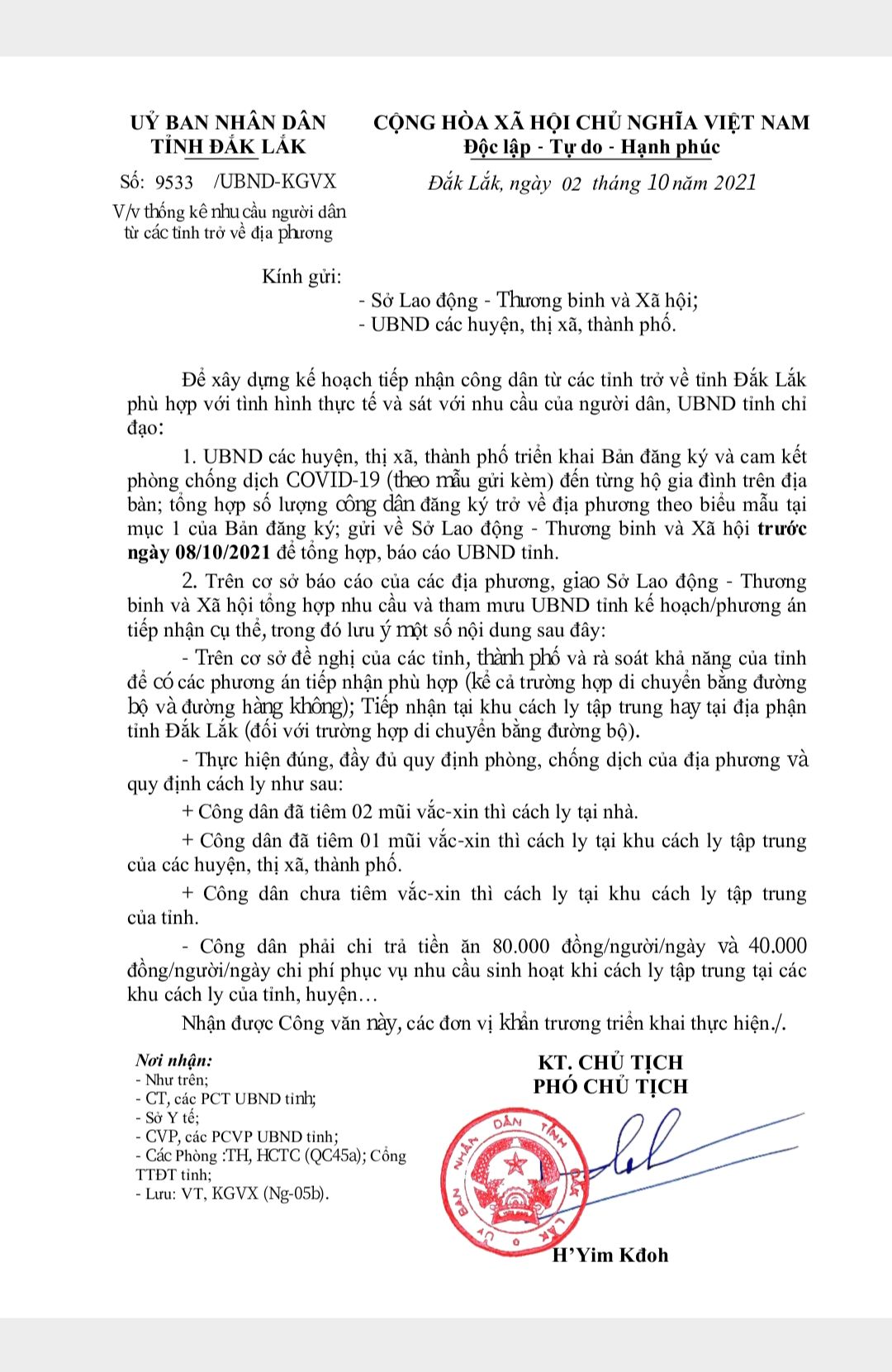 UBND TỈNH ĐĂK LĂK  TRIỂN KHAI VĂN BẢN THỐNG KÊ NHU CẦU NGƯỜI DÂN TỪ CÁC TỈNH TRỞ VỀ ĐỊA PHƯƠNG
